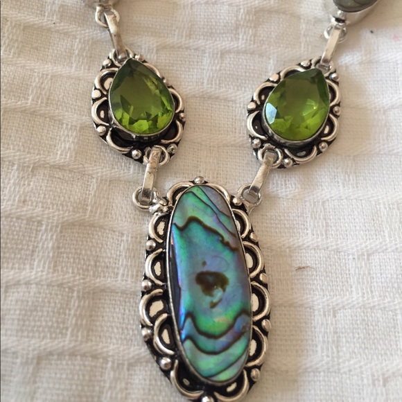 Silver necklace genuine Abalone Stones stamped - Picture 2 of 4